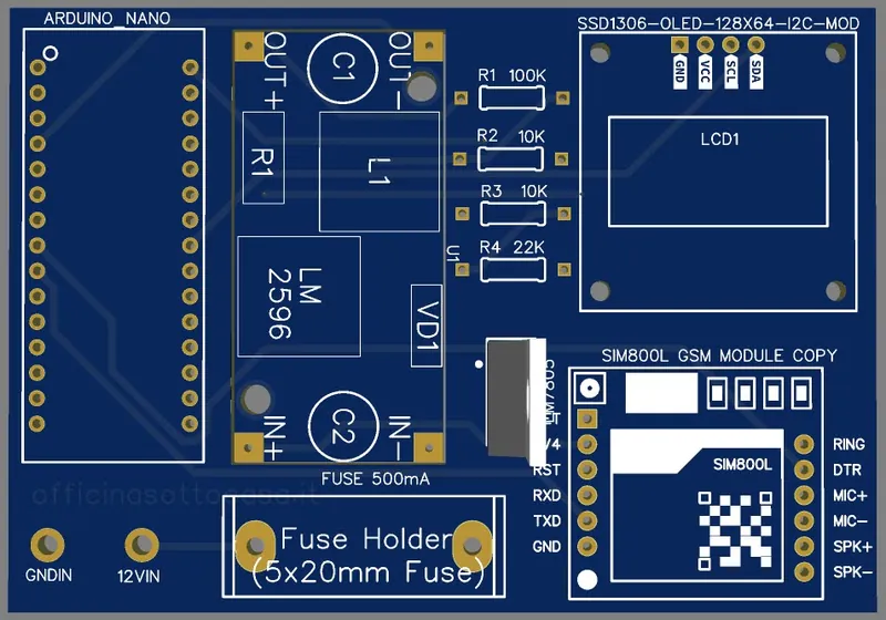 render 3D PCB allarme GSM batteria scarica