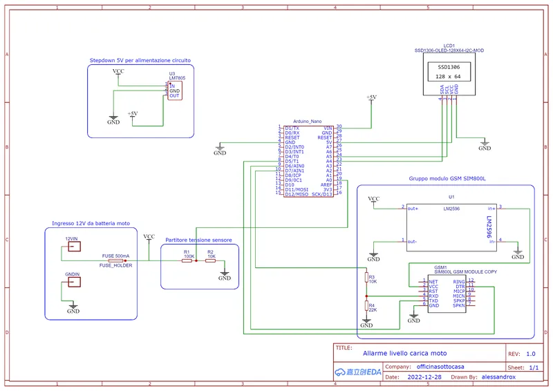 schema elettrico allarme GSM batteria scarica e mancanza corrente con Arduino Nano e SIM800L