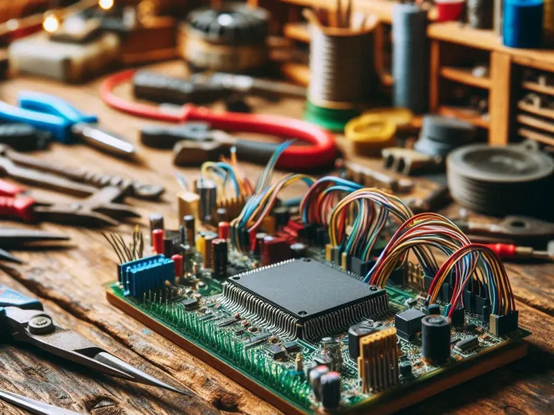 Scheda elettronica con microcontrollore e cavi colorati sul banco di lavoro