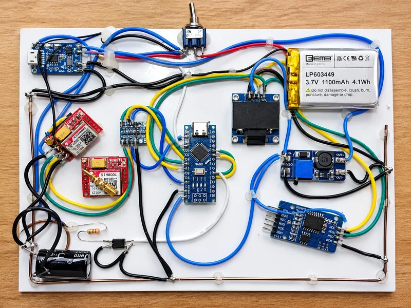 Prototipo del monitor di blackout: Arduino Nano, SIM800L, batteria, display e moduli cablati su una tavoletta