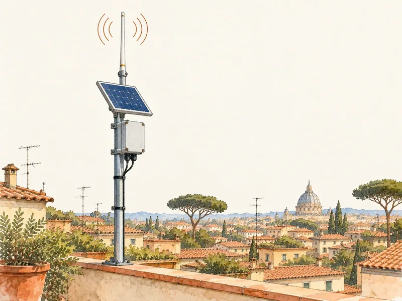 Illustrazione di un nodo radio LoRa con pannello solare e antenna su un terrazzo di Roma