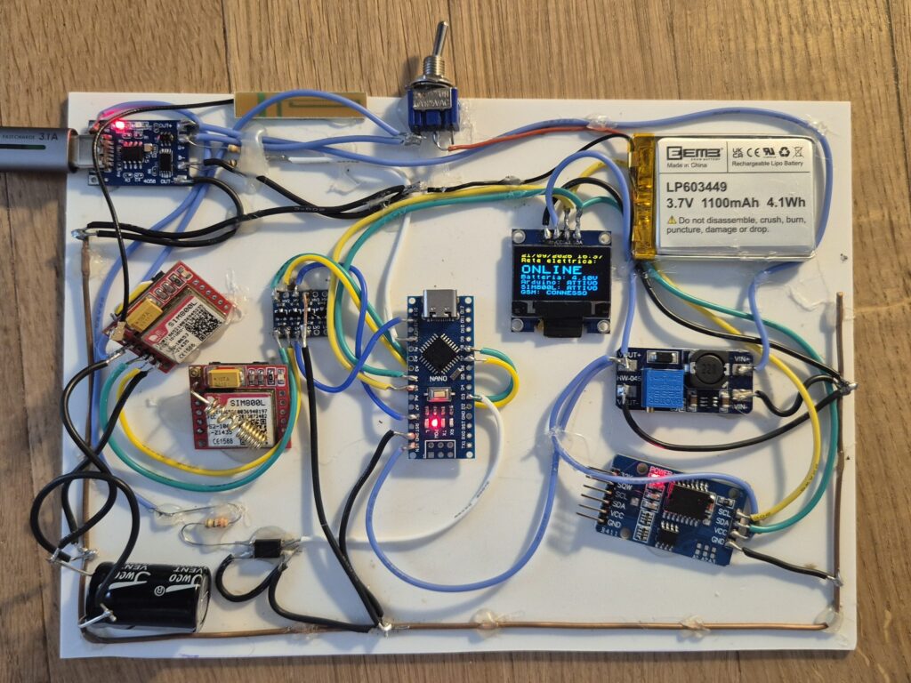 The display lit up on the prototype: one glance is enough to know mains, battery and GSM module are all fine.